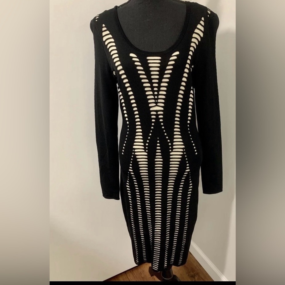 Cache Elegant Black and Cream Long Sleeve Dress